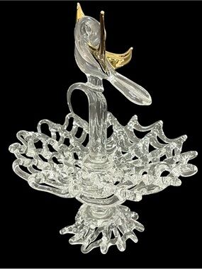 Vintage 1990s Spun Glass Miniature Bird Bath Fountain Figurine Gold Accent China